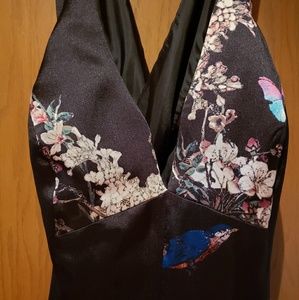 Pleated low cross back printed formal ballgown